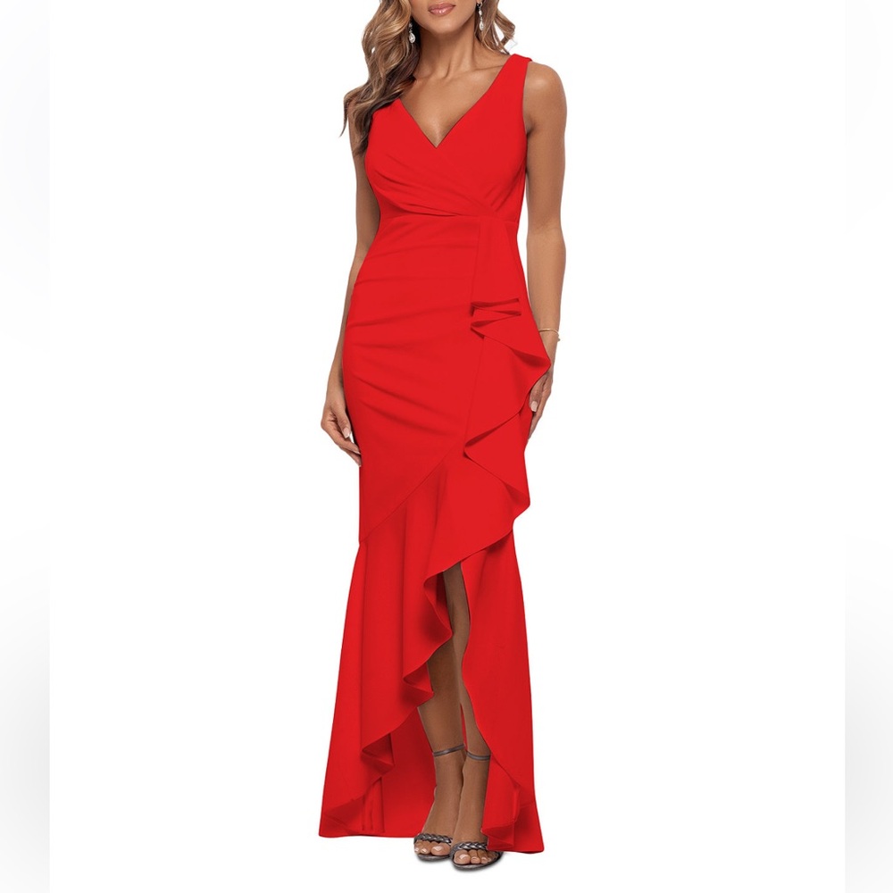 Betsy & Adam Ruffled High Low Gown Red Size 14